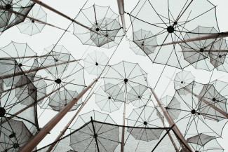 Many transparent umbrellas under a grey sky